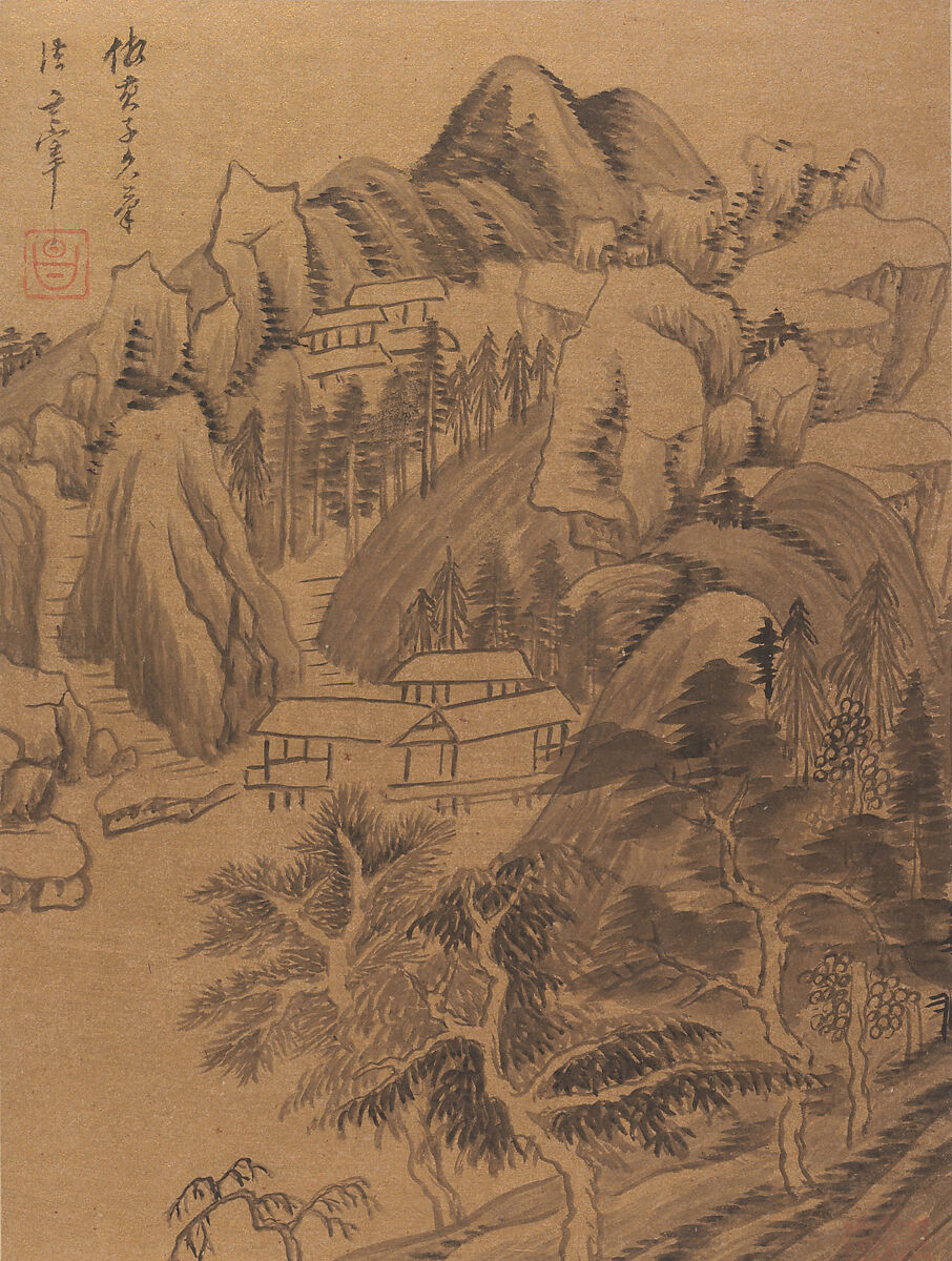 Landscapes and poems, Dong Qichang (Chinese, 1555–1636), Album of eight double leaves; ink, gold, and color on gold-flecked paper and ink on satin, China