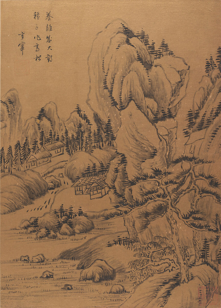 Landscapes and poems, Dong Qichang (Chinese, 1555–1636), Album of eight double leaves; ink, gold, and color on gold-flecked paper and ink on satin, China