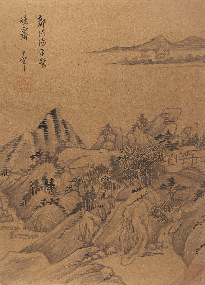 Landscapes and poems, Dong Qichang (Chinese, 1555–1636), Album of eight double leaves; ink, gold, and color on gold-flecked paper and ink on satin, China