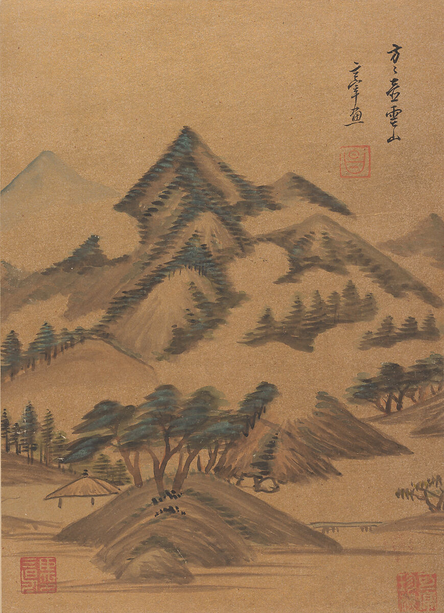 Landscapes and poems, Dong Qichang (Chinese, 1555–1636), Album of eight double leaves; ink, gold, and color on gold-flecked paper and ink on satin, China