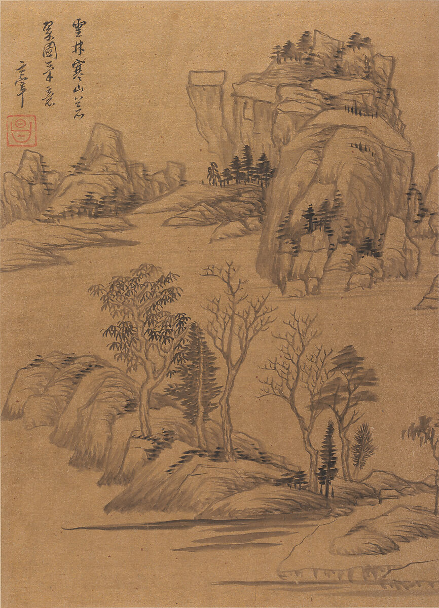 Landscapes and poems, Dong Qichang (Chinese, 1555–1636), Album of eight double leaves; ink, gold, and color on gold-flecked paper and ink on satin, China