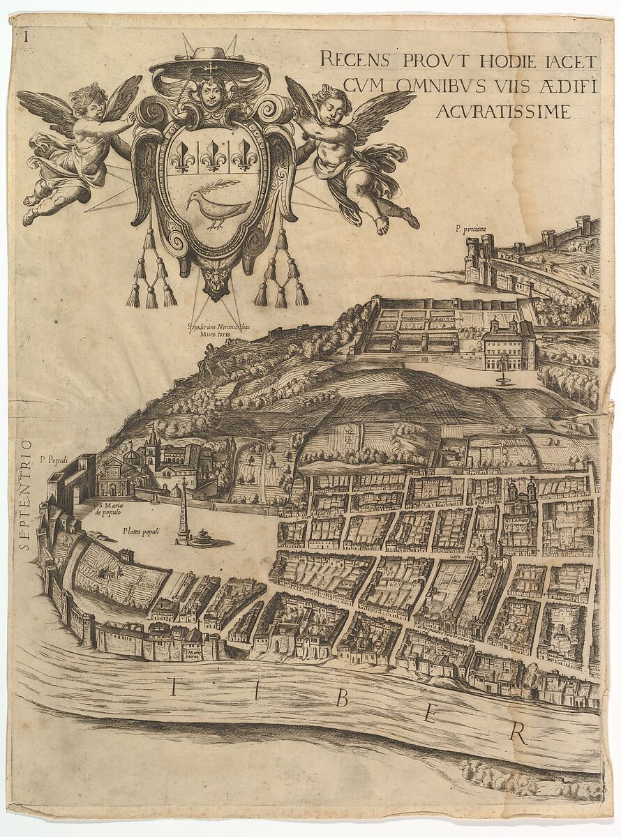 Plan of the City of Rome. Part 1 showing the Villa Medici and Piazza del Popolo, Antonio Tempesta (Italian, Florence 1555–1630 Rome), Etching with some engraving, undescribed state.