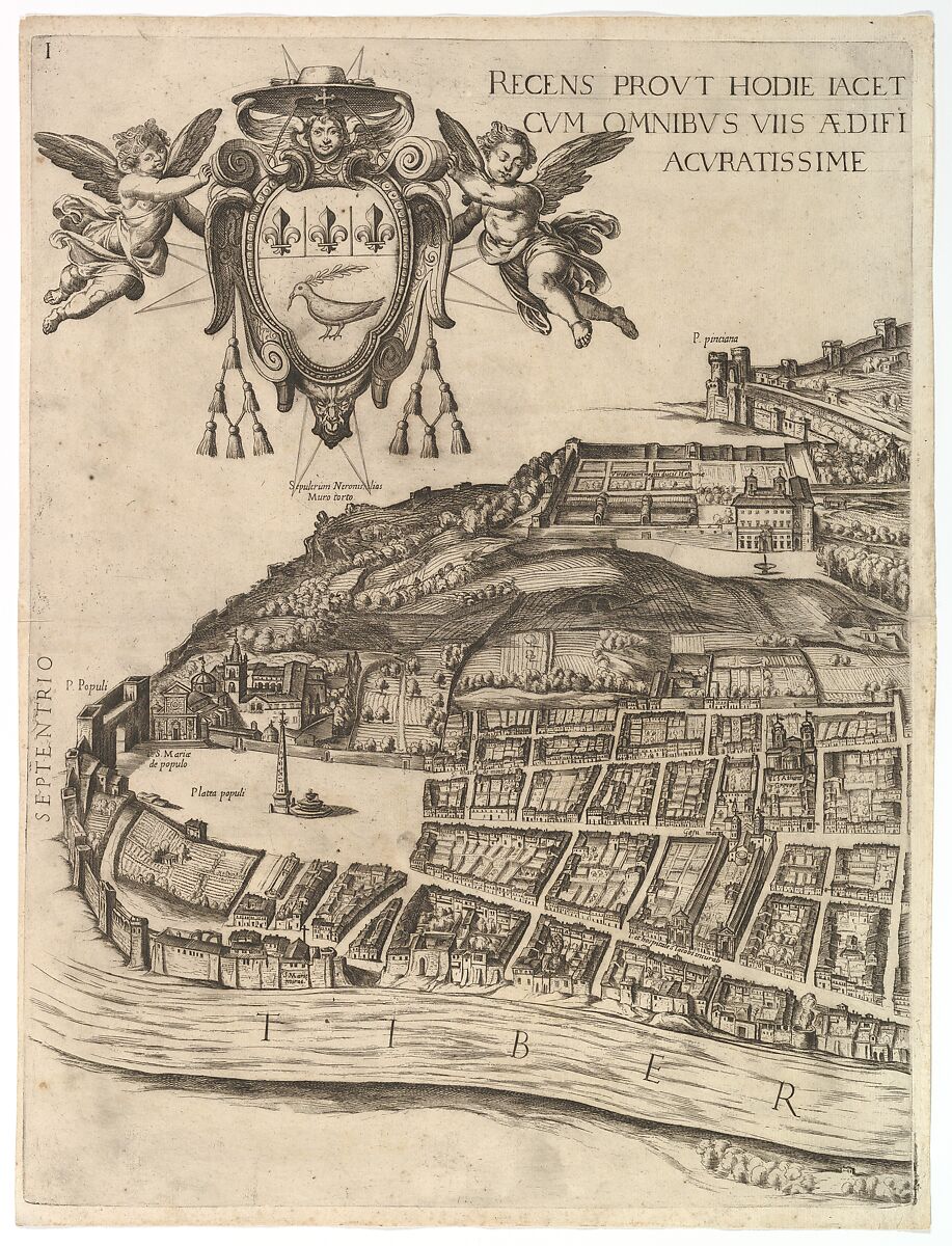 Plan of the City of Rome. Part 1 showing the Villa Medici and Piazza del Popolo, Antonio Tempesta (Italian, Florence 1555–1630 Rome), Etching with some engraving, undescribed state. 