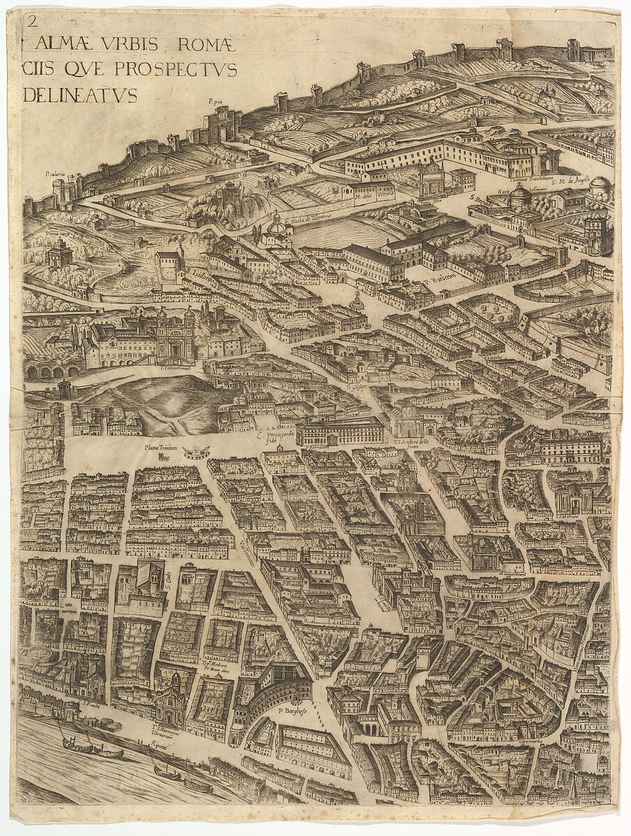 Plan of the City of Rome. Part 2 with the Trinità dei Monti, Palazzo Borghese and the Baths of Diocletian, Antonio Tempesta (Italian, Florence 1555–1630 Rome), Etching with some engraving; undescribed state