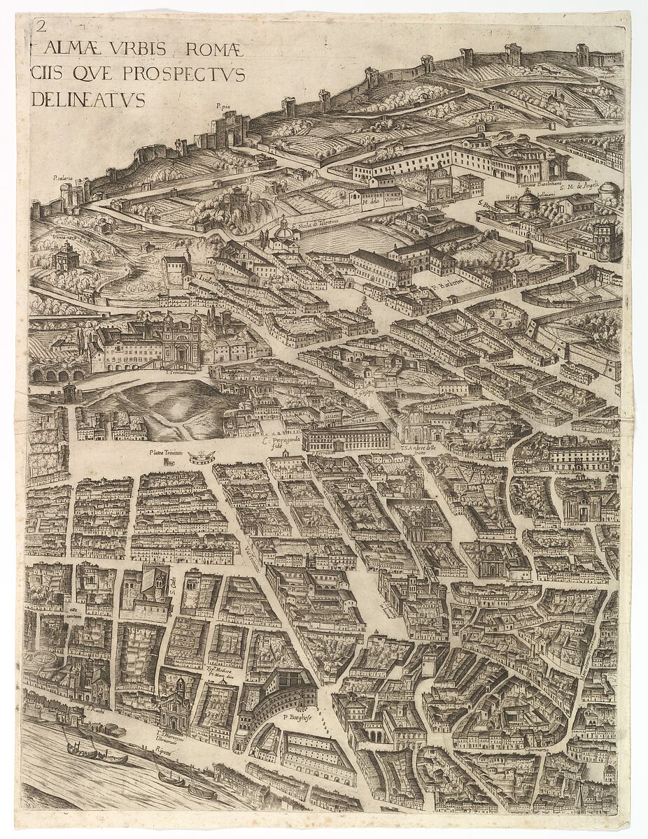 Plan of the City of Rome. Part 2 with the Trinità dei Monti, Palazzo Borghese and the Baths of Diocletian, Antonio Tempesta (Italian, Florence 1555–1630 Rome), Etching with some engraving; undescribed state 