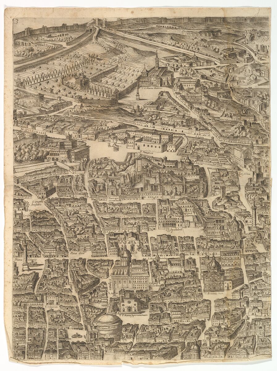 Plan of the City of Rome. Part 3 with the Santa Maria Maggiore, the Pantheon and Trajan's Column, Antonio Tempesta (Italian, Florence 1555–1630 Rome), Etching with some engraving, undescribed state.