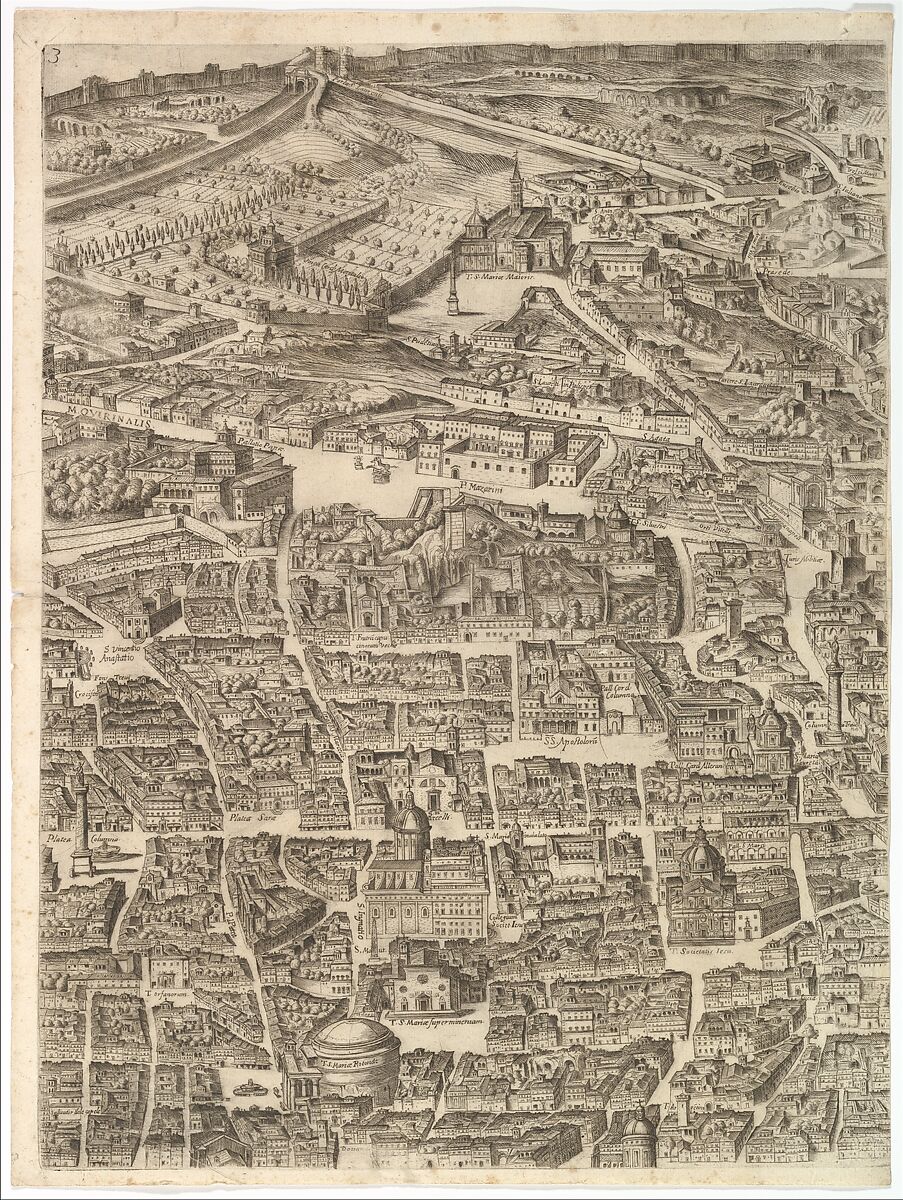 Plan of the City of Rome. Part 3 with the Santa Maria Maggiore, the Pantheon and Trajan's Column, Antonio Tempesta (Italian, Florence 1555–1630 Rome), Etching with some engraving, undescribed state. 