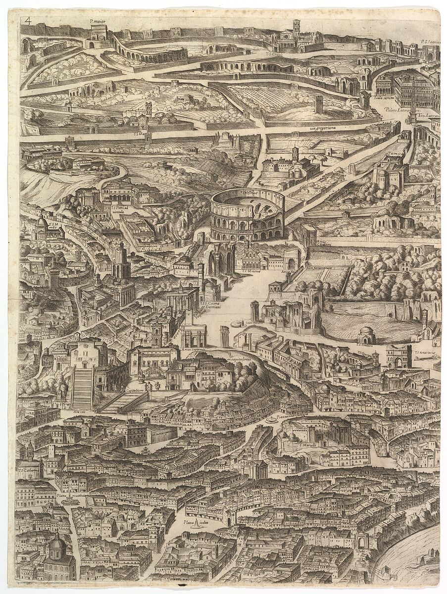 Plan of the City of Rome. Part 4 with the Santa Maria in Aracoeli, the Forum Romanum, the Colosseum and the Lateran Palace., Antonio Tempesta (Italian, Florence 1555–1630 Rome), Etching with some engraving, undescribed state. 