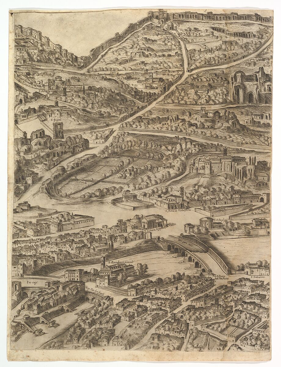 Plan of the City of Rome. Part 5 with the Baths of Caracalla, the Santa Sabina and Part of the Tiber, Antonio Tempesta (Italian, Florence 1555–1630 Rome), Etching with some engraving, undescribed state.