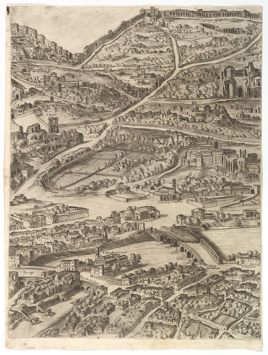 Plan of the City of Rome. Part 5 with the Baths of Caracalla, the Santa Sabina and Part of the Tiber, Antonio Tempesta (Italian, Florence 1555–1630 Rome), Etching with some engraving, undescribed state. 