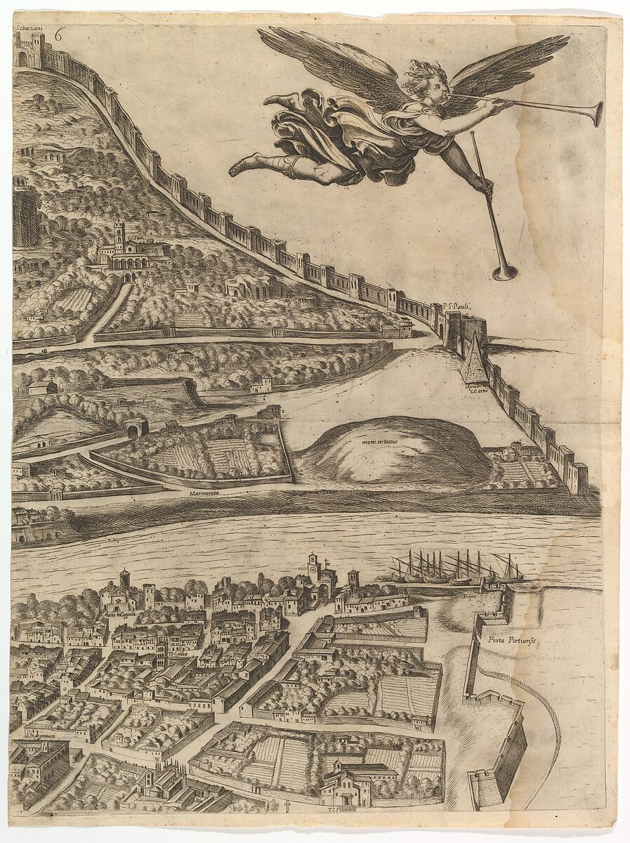 Plan of the City of Rome. Part 6 with the Aurelian city wall, the Porta Portuensis (Ostiensis?) and the Sepulcre of Caius Cestius., Antonio Tempesta (Italian, Florence 1555–1630 Rome), Etching with some engraving, undescribed state.