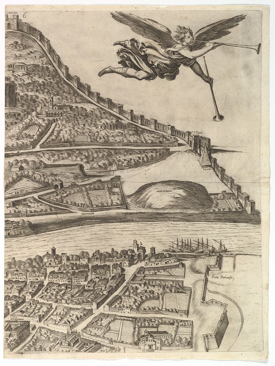 Plan of the City of Rome. Part 6 with the Aurelian city wall, the Porta Portuensis (Ostiensis?) and the Sepulcre of Caius Cestius., Antonio Tempesta (Italian, Florence 1555–1630 Rome), Etching with some engraving, undescribed state. 