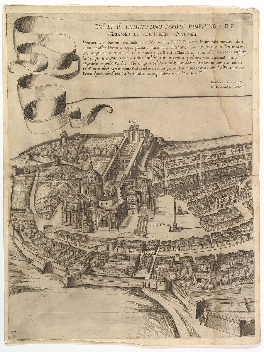 Plan of the City of Rome. Part 7 with a Dedication to Camillo Pamphili, the Vatican and Part of the City Wall, Antonio Tempesta (Italian, Florence 1555–1630 Rome), Etching with some engraving, undescribed state.