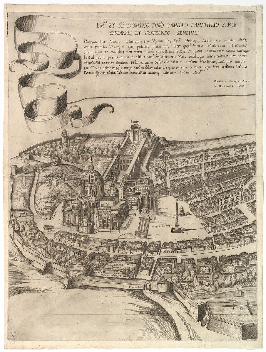 Plan of the City of Rome. Part 7 with a Dedication to Camillo Pamphili, the Vatican and Part of the City Wall, Antonio Tempesta (Italian, Florence 1555–1630 Rome), Etching with some engraving, undescribed state. 