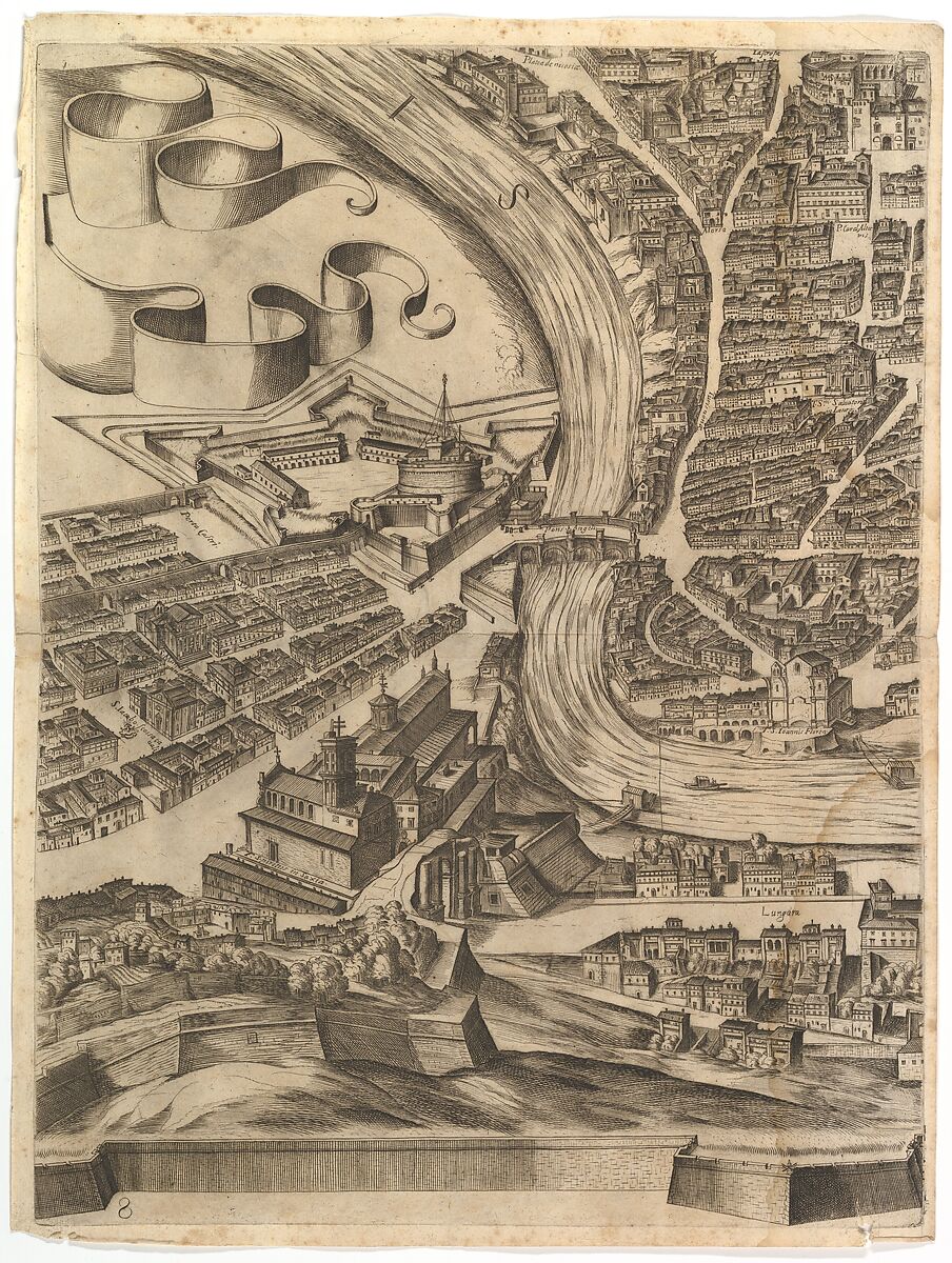 Plan of the City of Rome. Part 8 with the Castel Sant'Angelo, Antonio Tempesta (Italian, Florence 1555–1630 Rome), Etching with some engraving, undescribed state.