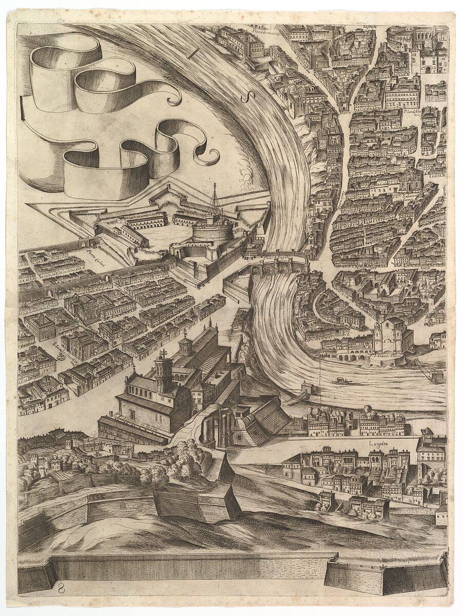 Plan of the City of Rome. Part 8 with the Castel Sant'Angelo, Antonio Tempesta (Italian, Florence 1555–1630 Rome), Etching with some engraving, undescribed state. 