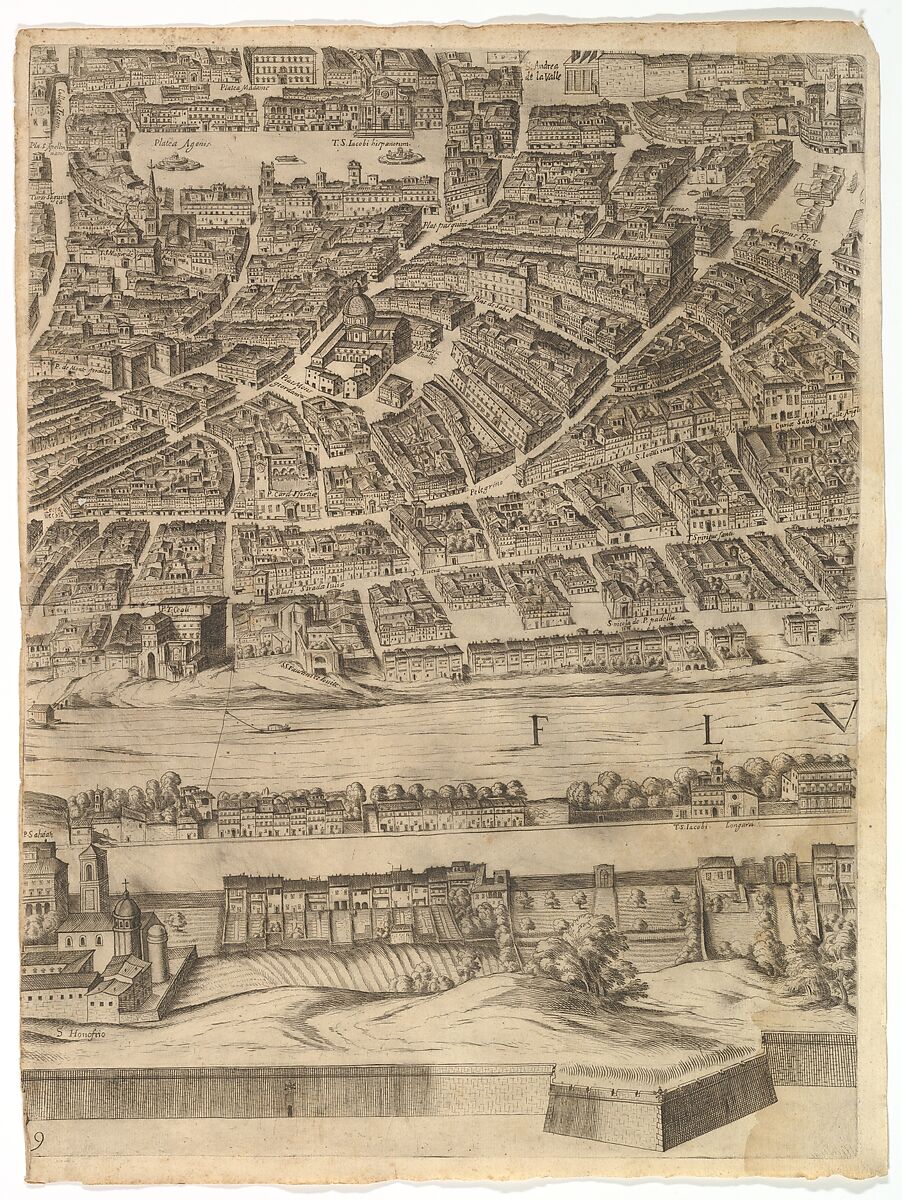 Plan of the City of Rome: sheet 9 with the Piazza Navona, the Campo di Fiore and the Sant' Onofrio, Antonio Tempesta (Italian, Florence 1555–1630 Rome), Etching with some engraving, undescribed state