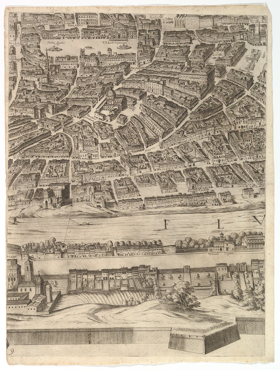 Plan of the City of Rome: sheet 9 with the Piazza Navona, the Campo di Fiore and the Sant' Onofrio, Antonio Tempesta (Italian, Florence 1555–1630 Rome), Etching with some engraving, undescribed state 