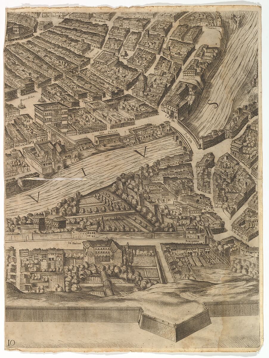 Plan of the City of Rome. Part 10 with the Tiber and the Villa Farnesina, Antonio Tempesta (Italian, Florence 1555–1630 Rome), Etching with some engraving, undescribed state.