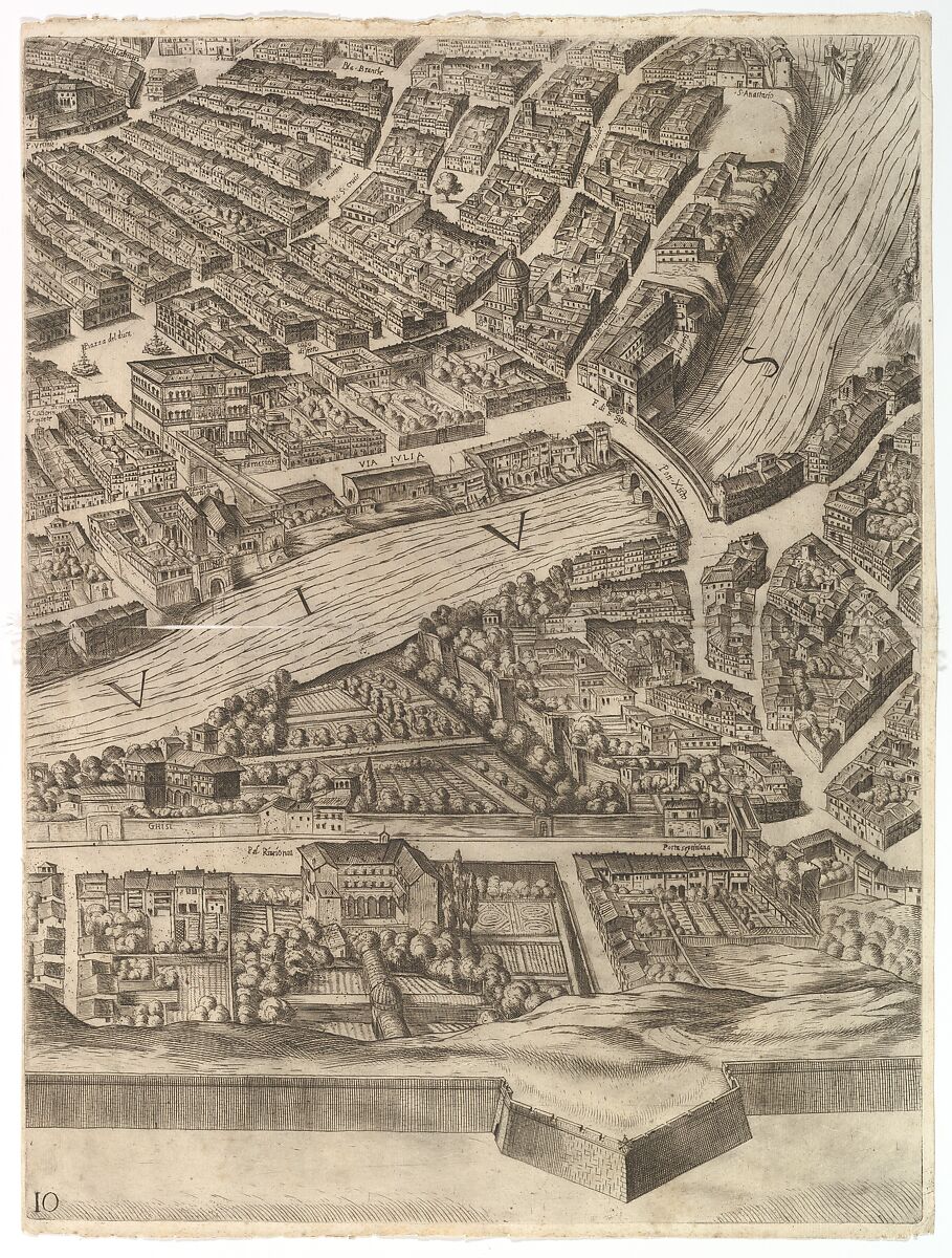 Plan of the City of Rome. Part 10 with the Tiber and the Villa Farnesina, Antonio Tempesta (Italian, Florence 1555–1630 Rome), Etching with some engraving, undescribed state. 