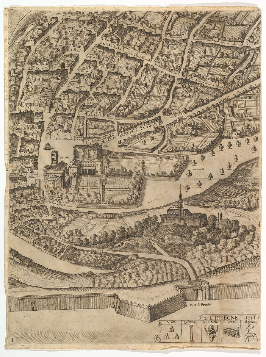 Plan of the City of Rome. Part 11 with the San Pancrazio (left bank), Antonio Tempesta (Italian, Florence 1555–1630 Rome), Etching with some engraving, undescribed state.