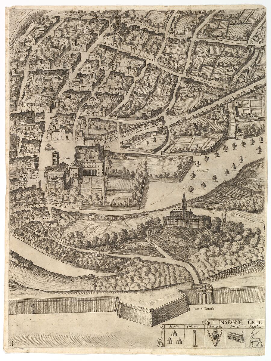 Plan of the City of Rome. Part 11 with the San Pancrazio (left bank), Antonio Tempesta (Italian, Florence 1555–1630 Rome), Etching with some engraving, undescribed state. 