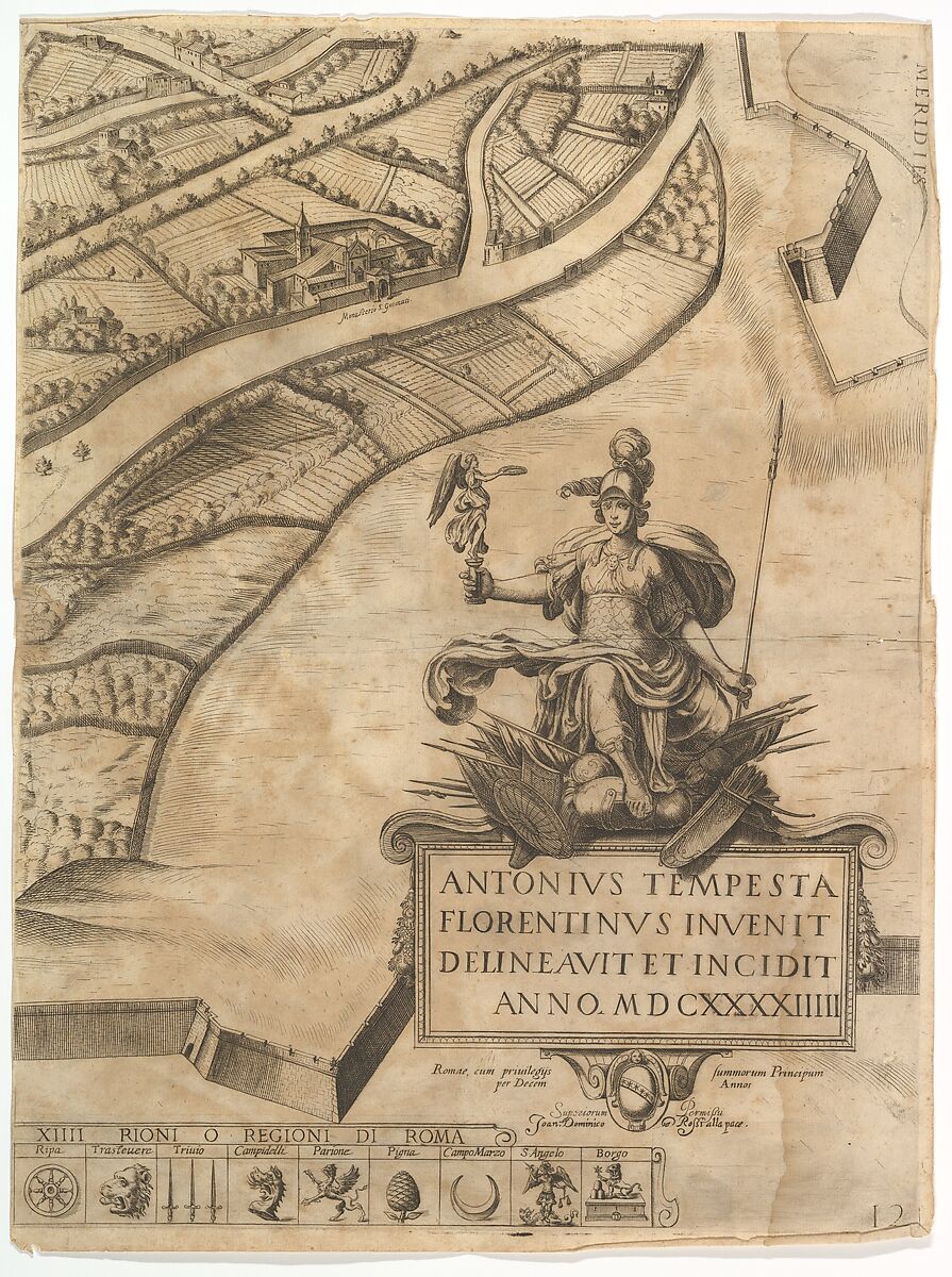 Plan of the City of Rome. Part 12 with the Southwestern Border of the City and a Large Cartouche with Signature by Tempesta., Antonio Tempesta (Italian, Florence 1555–1630 Rome), Etching with some engraving, undescribed state.