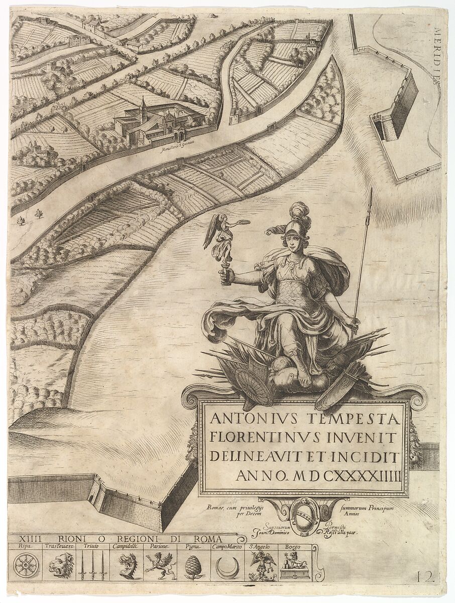 Plan of the City of Rome. Part 12 with the Southwestern Border of the City and a Large Cartouche with Signature by Tempesta., Antonio Tempesta (Italian, Florence 1555–1630 Rome), Etching with some engraving, undescribed state. 
