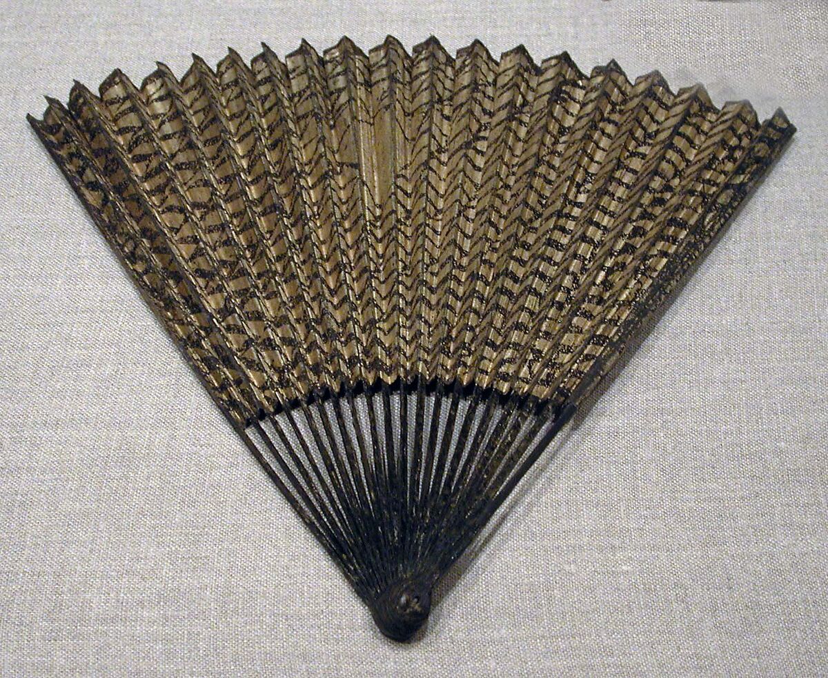 Folding Fan with Fishing Net Decoration, Unidentified artist, Folding fan; ink on gold-flecked paper and gold-flecked lacquered bamboo fan bones and end pieces, China 