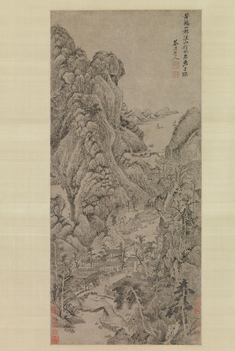 Travelers among Streams and Mountains, Wu Li (Chinese, 1632–1718), Hanging scroll; ink on paper, China 