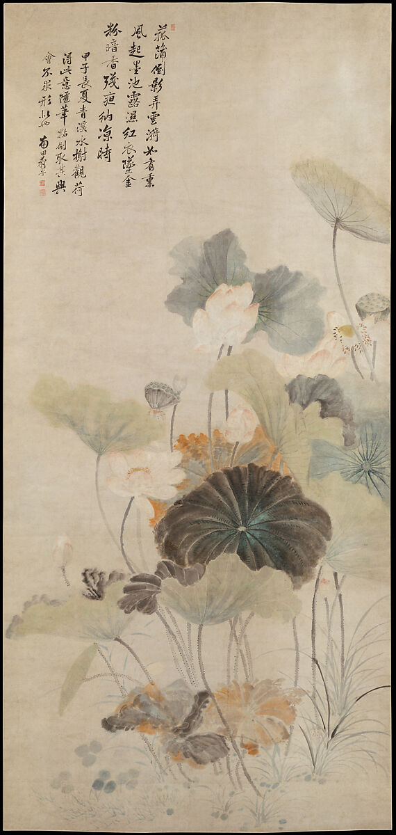 Lotuses on a summer evening, After Yun Shouping (Chinese, 1633–1690), Hanging scroll; ink and color on paper, China 