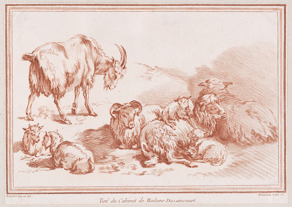 Chèvre, chevreaux et moutons, Gilles Demarteau (French, Liège 1722–1776 Paris), Crayon-manner etching printed in red ink 