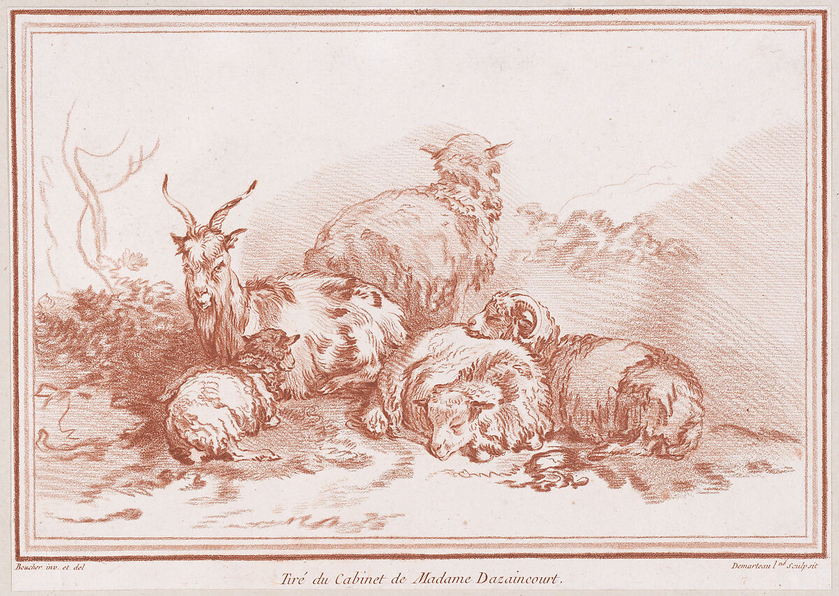 Une chèvre et quatre moutons, Gilles Demarteau (French, Liège 1722–1776 Paris), Crayon-manner etching printed in red ink 