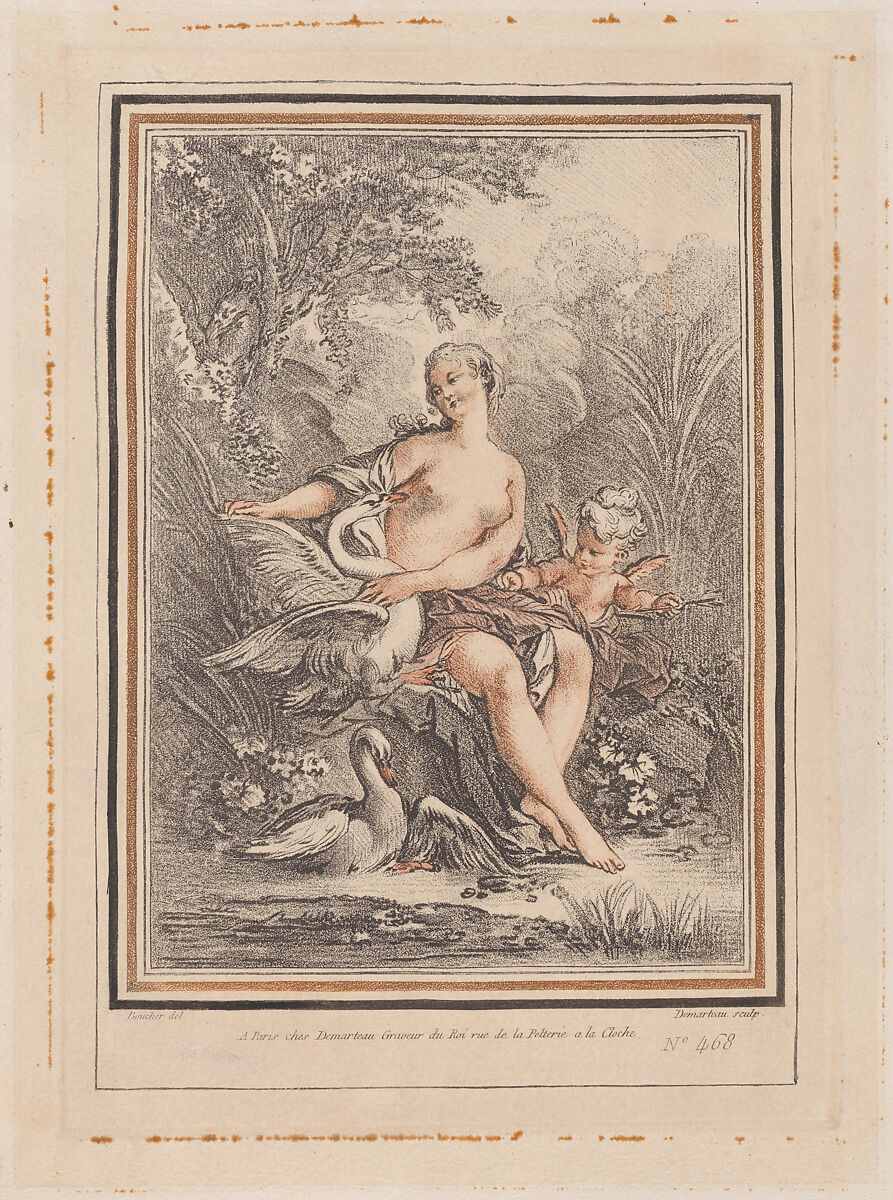Leda and the Swan, Gilles Demarteau (French, Liège 1722–1776 Paris), Crayon-manner etching printed in red and black ink 