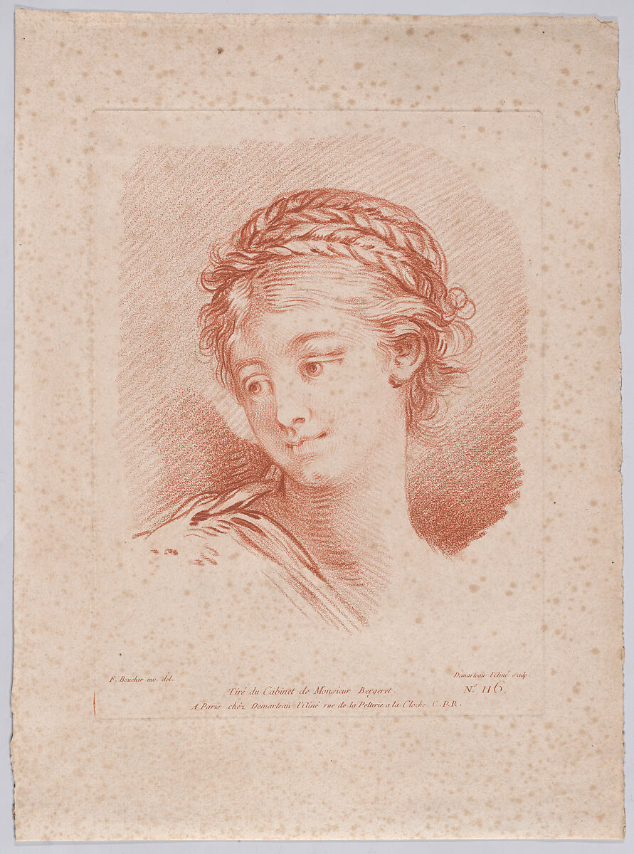 Tête de femme, Gilles Demarteau (French, Liège 1722–1776 Paris), Crayon-manner etching printed in red ink 