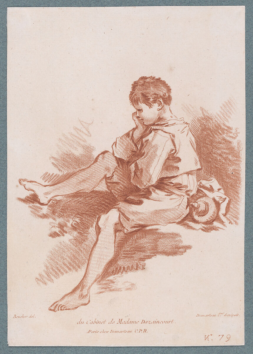 Young peasant boy seated facing left, Gilles Demarteau (French, Liège 1722–1776 Paris), Crayon-manner etching printed in red ink 