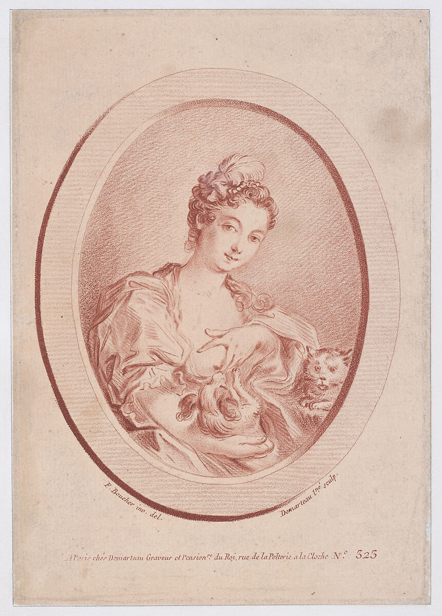 La Femme au petit Chien, Gilles Demarteau (French, Liège 1722–1776 Paris), Crayon-manner etching printed in red and black ink 
