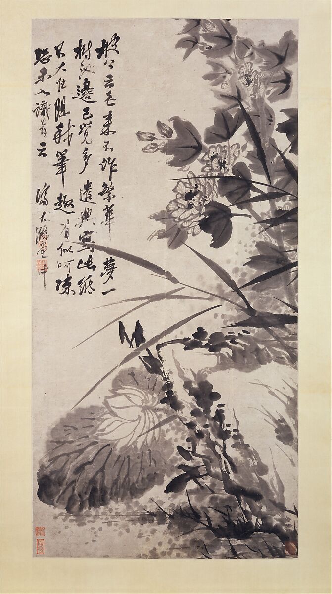 Hibiscus, Lotus, and Rock, Shitao (Zhu Ruoji) (Chinese, 1642–1707), Hanging scroll; ink on paper, China 