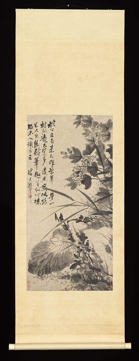 Hibiscus, Lotus, and Rock, Shitao (Zhu Ruoji) (Chinese, 1642–1707), Hanging scroll; ink on paper, China