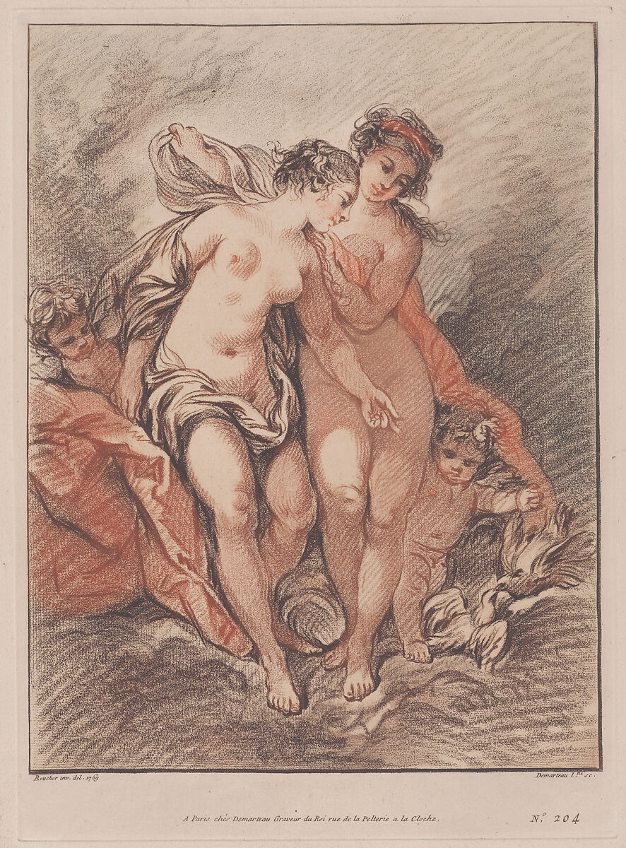 Reproduction of Deux Nymphes et deux Amours regardant des colombes (Two Nymphs and Loves watching two doves), Gilles Demarteau (French, Liège 1722–1776 Paris), Reproduction of crayon-manner engraving in black and red ink 