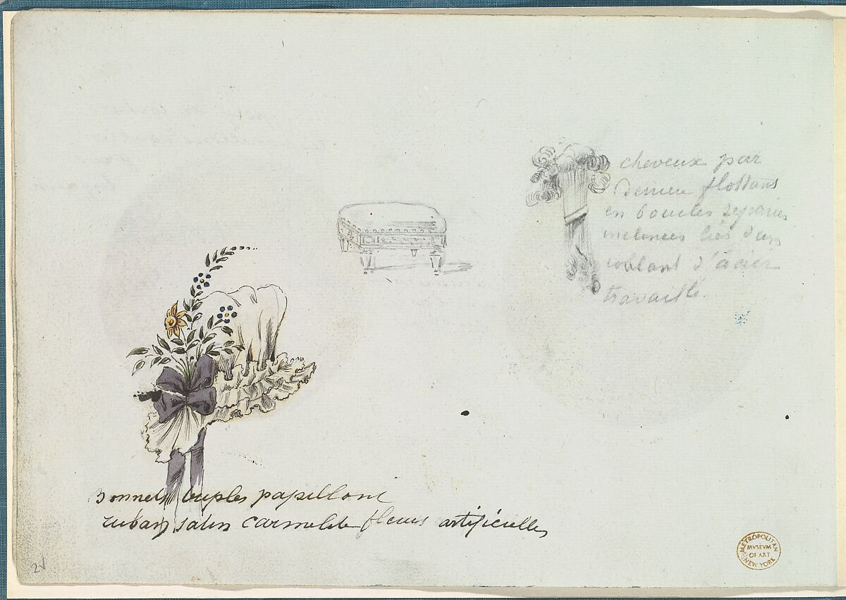 Sketches for a Bonnet and Accessories, Anonymous, French, 18th century, Pen and black ink, graphite, gouache 