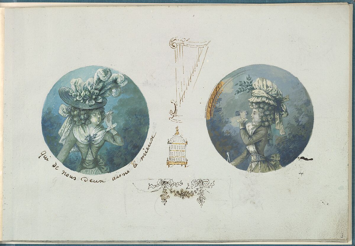 Two Costume Designs or Portrait Studies. Woman with a Bird and a Woman with Binoculars, Anonymous, French, 18th century, Pen and black ink, graphite, gouache 