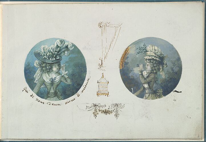 Two Costume Designs or Portrait Studies. Woman with a Bird and a Woman with Binoculars