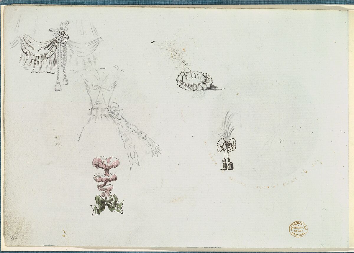 Sketches for Details of a Dress and Other Accessories, Anonymous, French, 18th century, Pen and black ink, graphite, gouache 