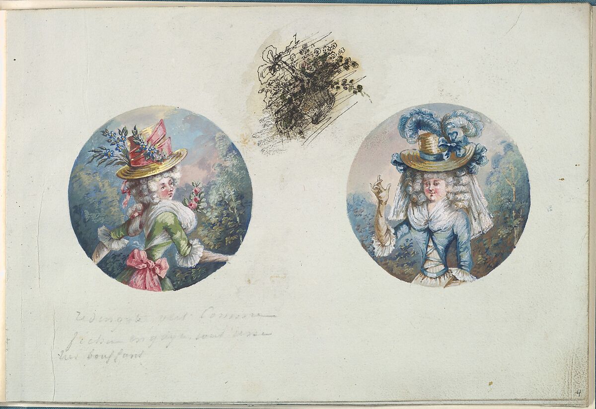 Two Costume Designs or Portrait Types of Two Women with Straw Hats, Anonymous, French, 18th century, Pen and black ink, graphite, gouache 