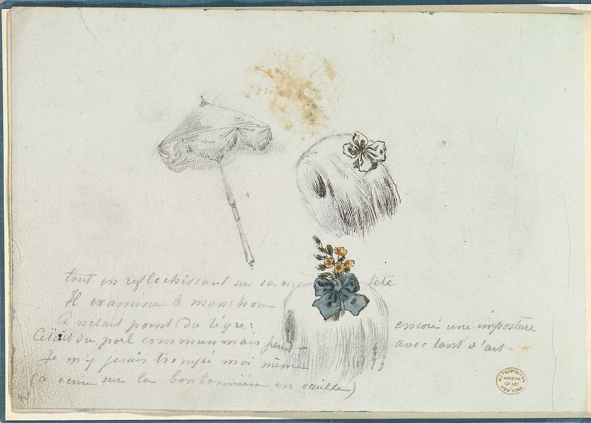 Sketches for Two Muffs and a Parasol, Anonymous, French, 18th century, Pen and black ink, graphite, gouache 