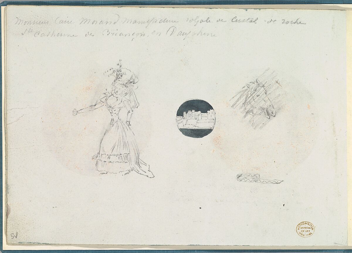 Sketches of a Woman in a Corseted Gown, a Castle, and a Horse's Head, Anonymous, French, 18th century, Pen and black ink, graphite, gouache 