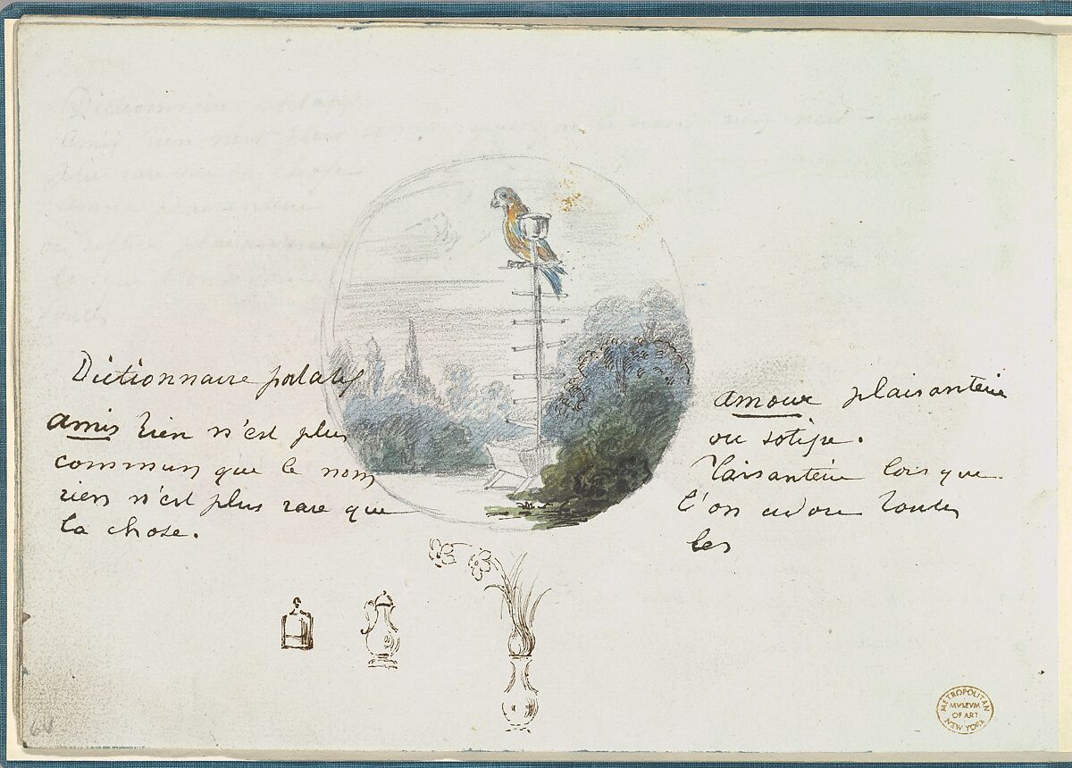Roundel with Bird in a Landscape and Small Sketches, Anonymous, French, 18th century, Pen and black ink, graphite, gouache 