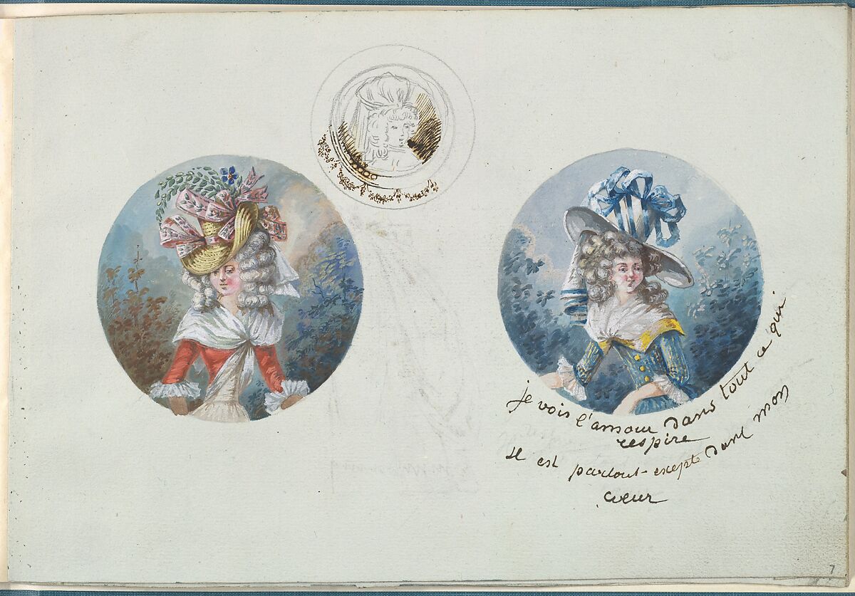 Two Costume Designs or Portrait Types and a Sketch, Anonymous, French, 18th century, Pen and black ink, graphite, gouache 