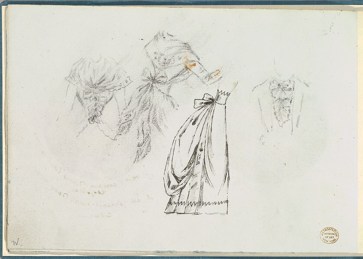 Sketches of Bodices with Bows and a Bouffant Skirt, Anonymous, French, 18th century, Pen and black ink, and graphite 